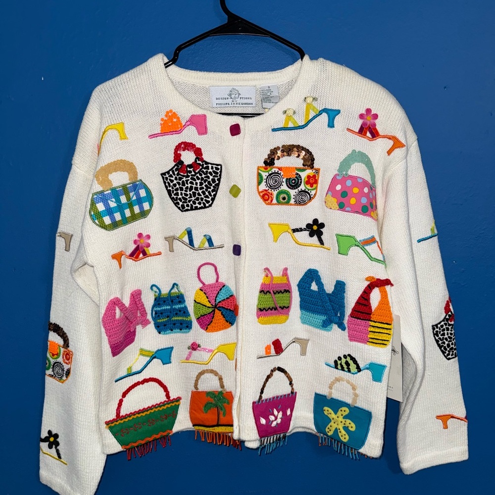 Colorful Women's Cardigan with Bag and Shoe Patterns